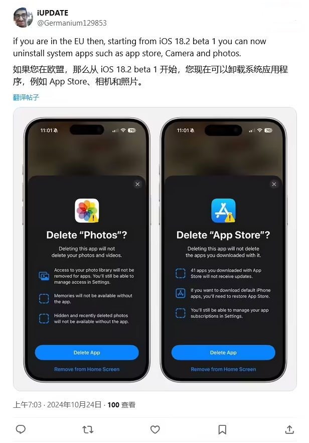 南雄苹果手机维修分享iOS 18.2 支持删除 App Store 应用商店 